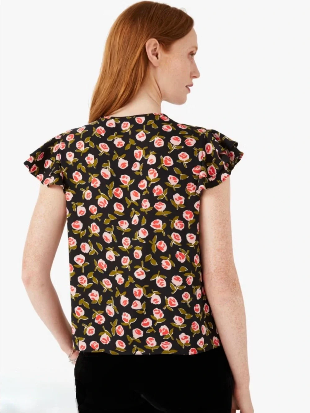 kate spade Black Floral Keyhole Flutter Sleeve Top